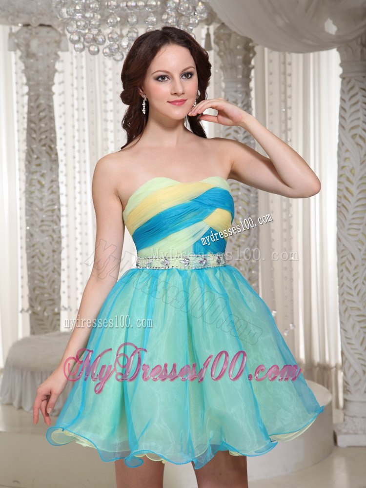 Light Blue Strapless Ruching Beaded Cocktail Dress For Cocktail Party