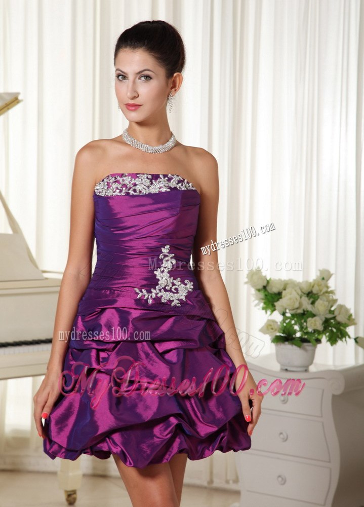 Appliques Strapless With Ruched Cocktail Dress with Eggplant Purple