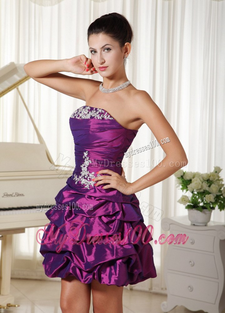 Appliques Strapless With Ruched Cocktail Dress with Eggplant Purple