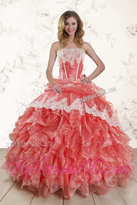 2016 New Style Strapless Appliques and Ruffles Quinceanera Dresses in Watermelon