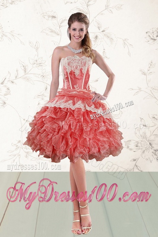 2016 New Style Strapless Appliques and Ruffles Quinceanera Dresses in Watermelon