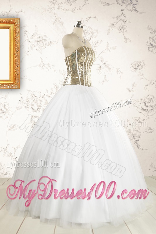 2016 The Super Hot Tulle Strapless Sequins White Quinceanera Dresses