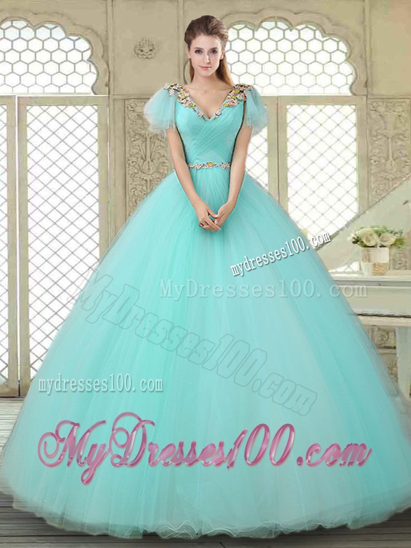 Exquisite V Neck Mint Sweet 16 Dresses with Appliques