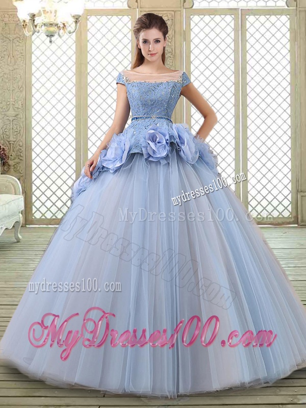 Luxurious Bateau Lavender Quinceanera Gowns with Hand Made Flowers