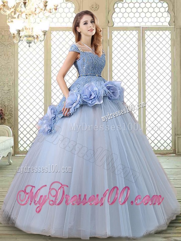 Luxurious Bateau Lavender Quinceanera Gowns with Hand Made Flowers