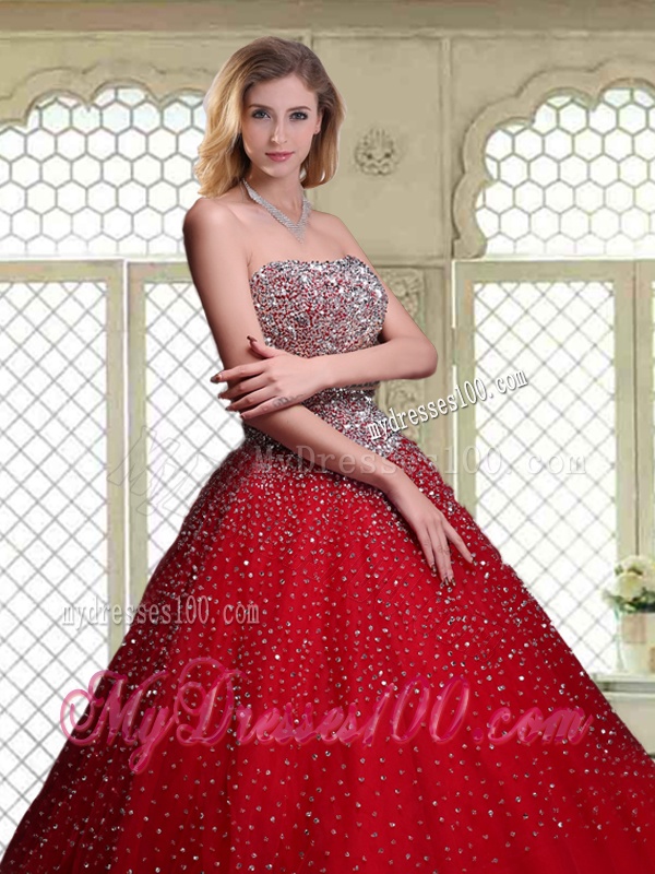 Luxurious Strapless Beading Quinceanera Dresses in Wine Red