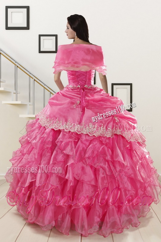 Appliques and Ruffles 2016 Hot Pink Quinceanera Gowns