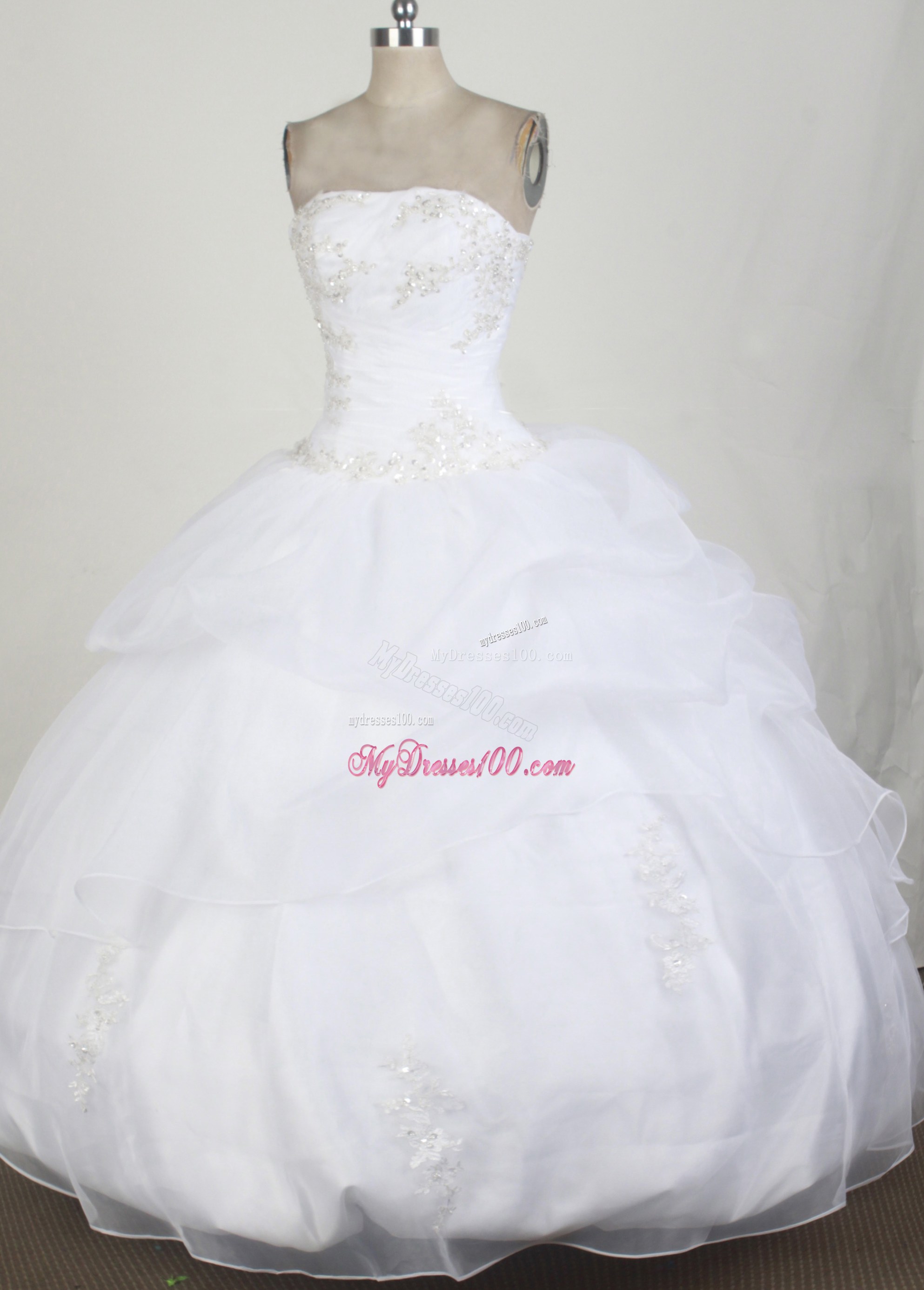 White Organza Quinceanera Dress with Pick-Ups and Appliques