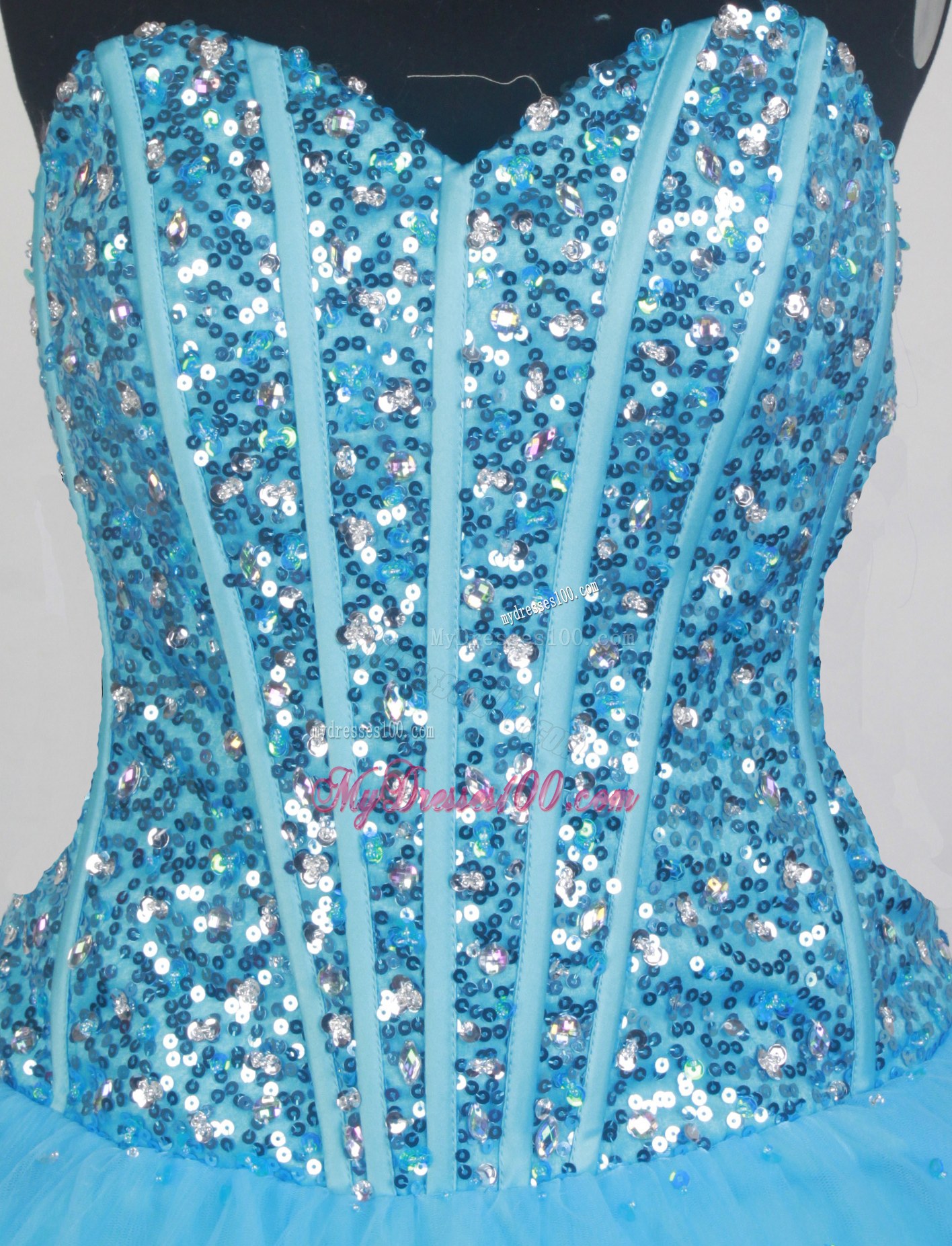 Sequin Decorate Bodice Blue Tulle Sweet 16 Quinceaner Dresses