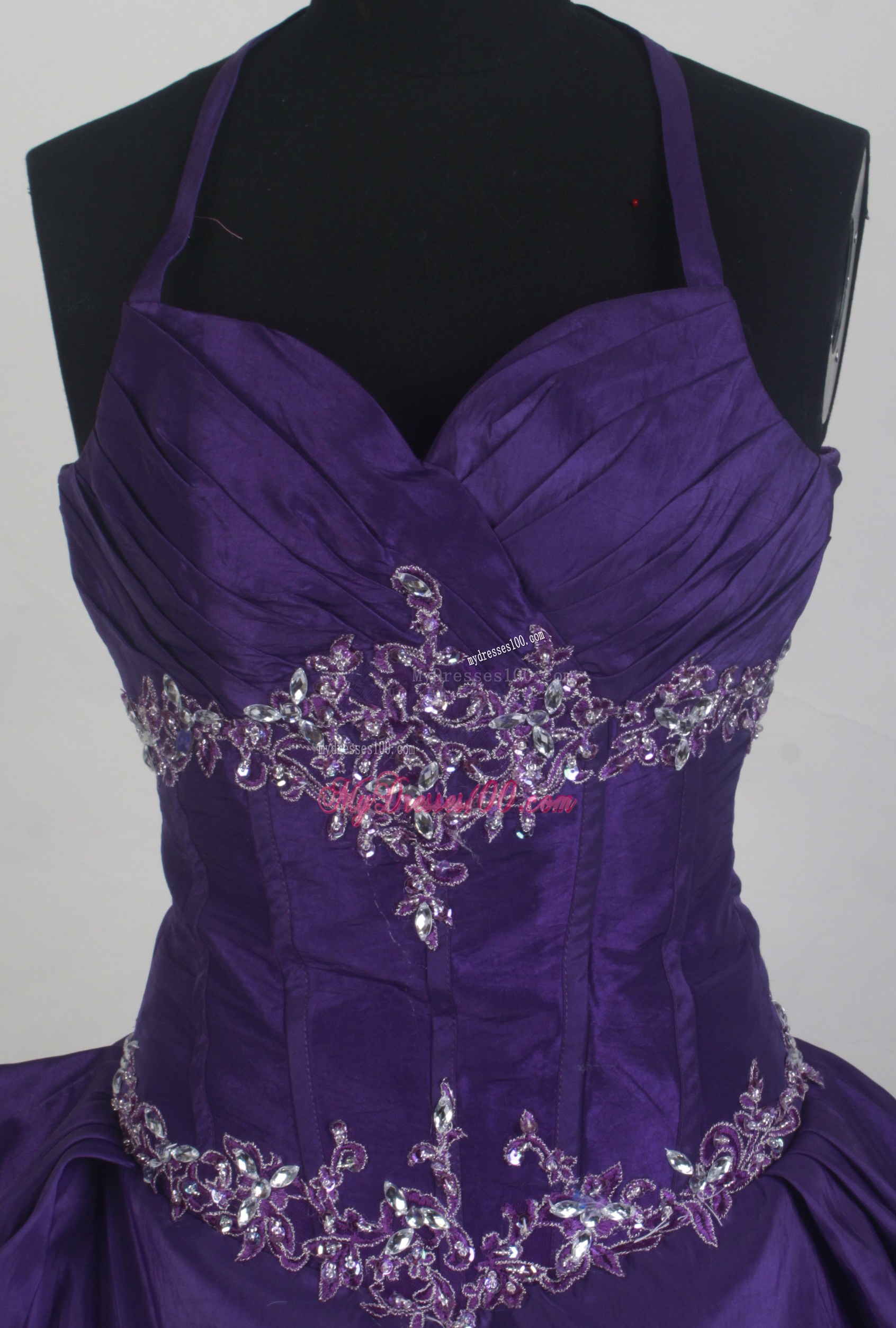 Halter Dark Purple Quinceanera Dress with Pick-ups and Appliques