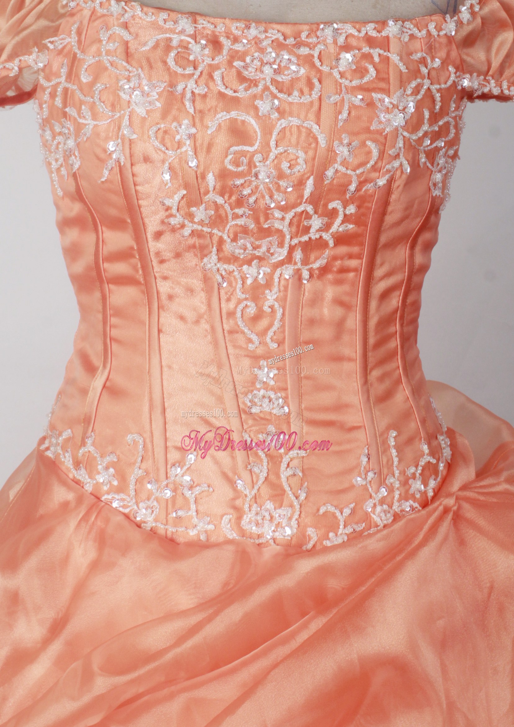 Off-The-Shoulder Orange Quinceanera Dress with Embroidery