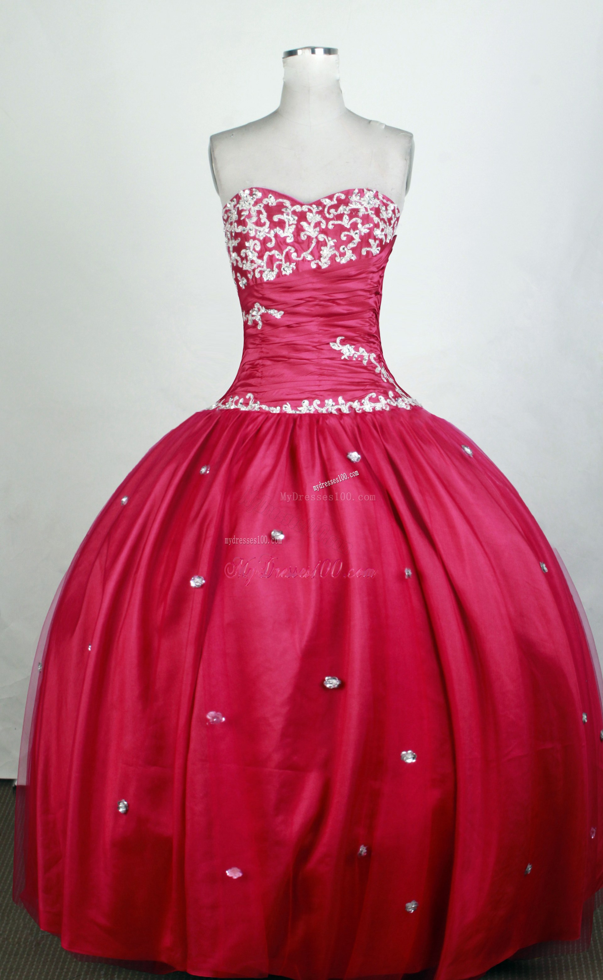 Appliqued Coral Red Ball Gown Tulle Dress for Quinceanera