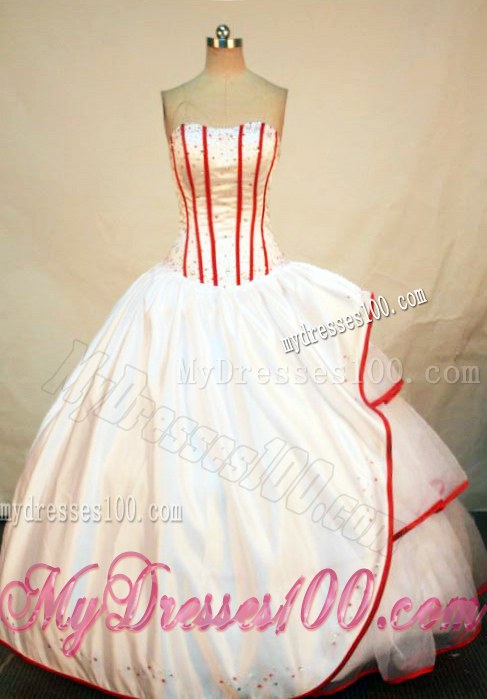 Single White and Red Lace-up Puffy Ball Gown Taffeta Quince Dress