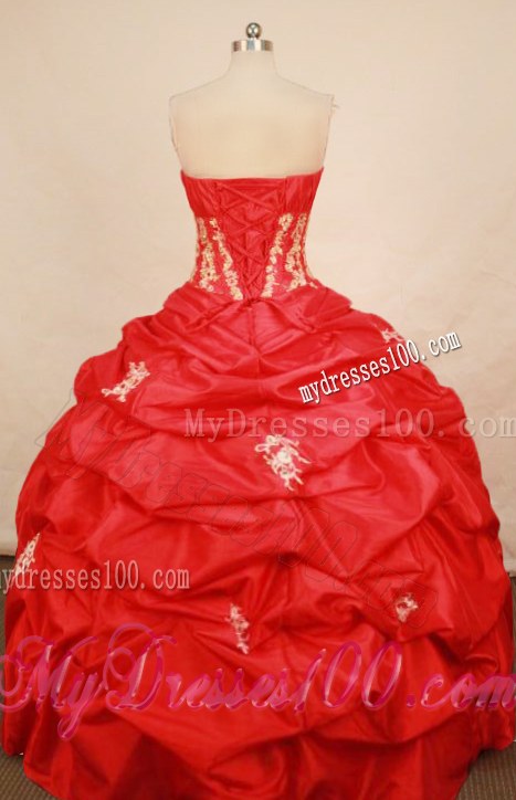 Romantic Strapless Floor-length Appliques and Flowers Red Quinces Dress