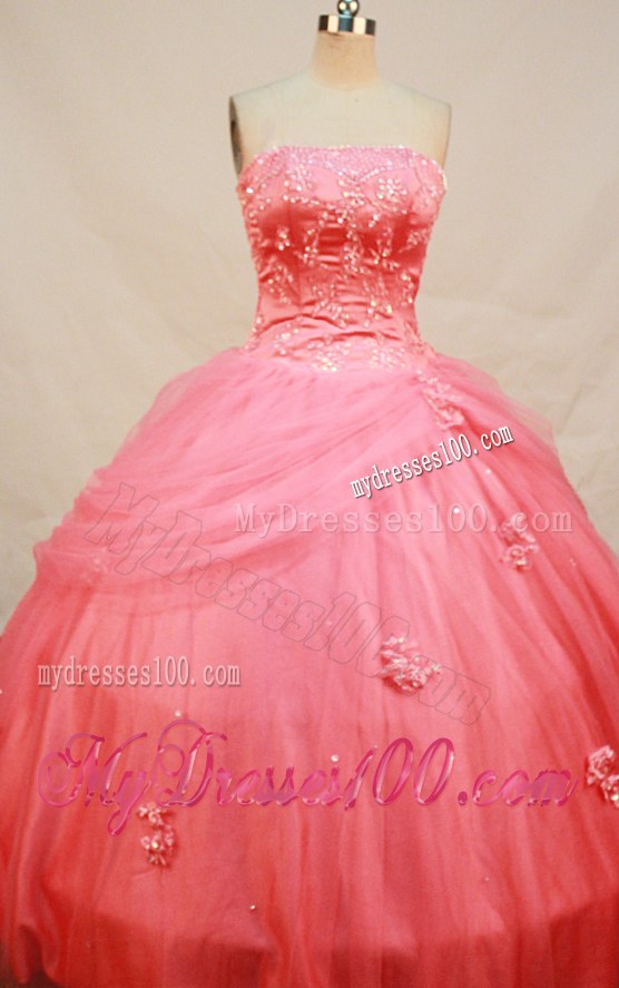 Coral Red Beading Appliques Puffy Sweet 15th Birthday Dress