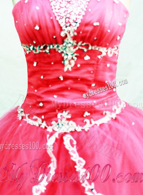 Appliqued and Beaded Watermelon Pink Tulle Dress for Quinceanera