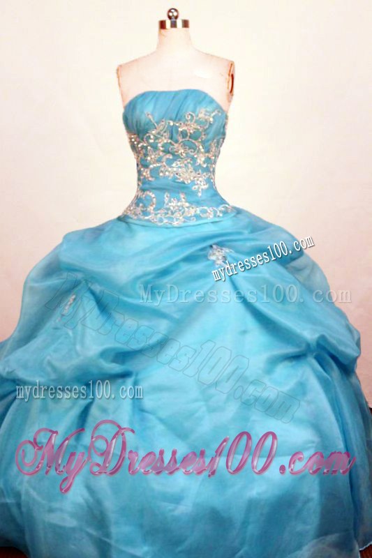 High-class Blue Strapless Floor-Length Appliques and Beading Quince Dress