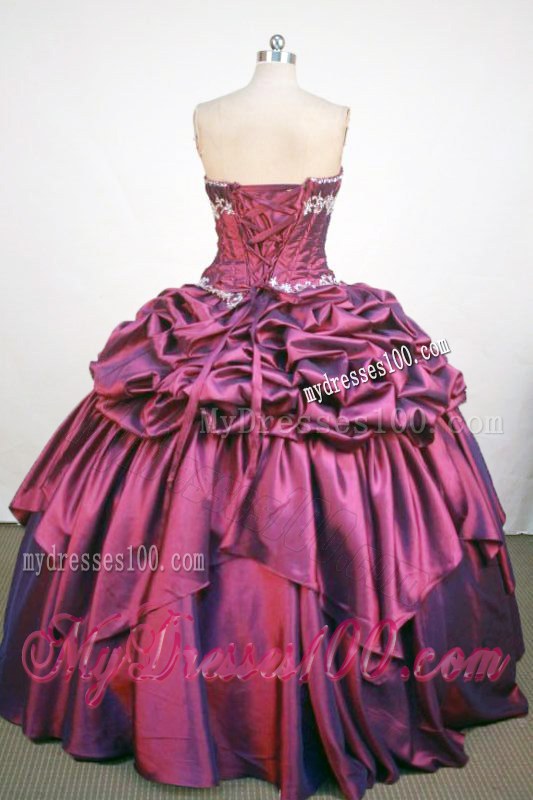 Beautiful Burgundy Pick-ups Quince Dress Decorated with Embroidery