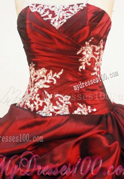 Puffy Pick-ups in Burgundy Quince Dress Adorned by White Embroidery