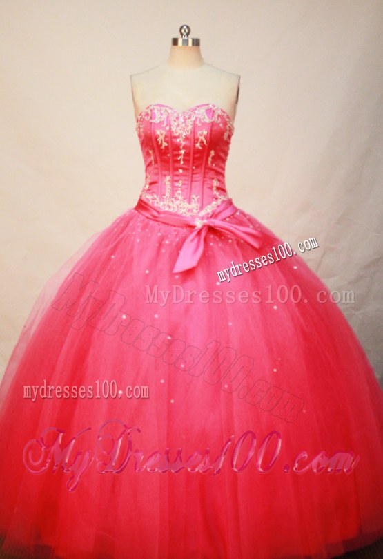 Coral Red Tulle Dress for Quinceanera with Beading and Sash