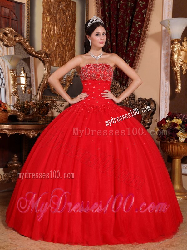 Red Ball Gown Strapless Floor-length Tulle Beading Dress for Quince