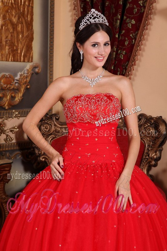 Red Ball Gown Strapless Floor-length Tulle Beading Dress for Quince