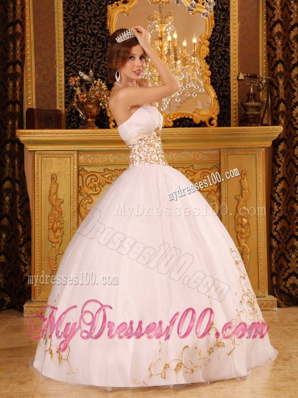 White Ball Gown Strapless Floor-length Quinceanera Dress with Gold Appliques