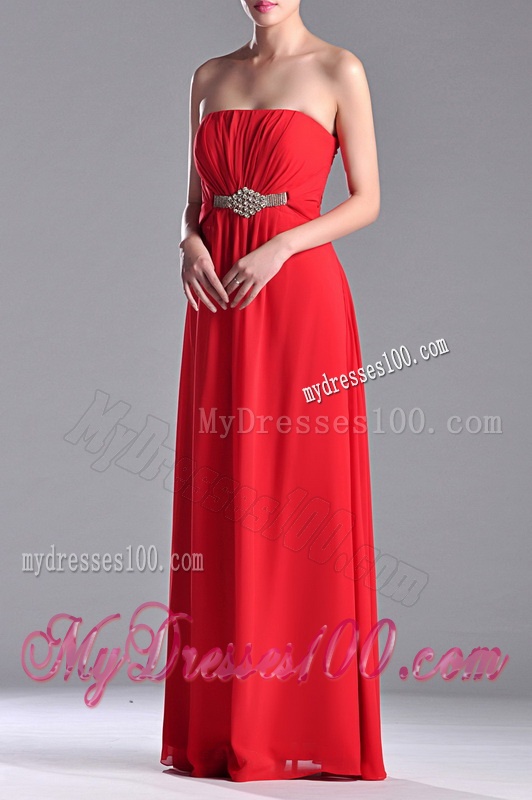 Beautiful Strapless Chiffon Red Bridesmaid Dress with Beading and Ruching