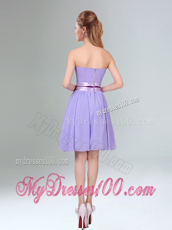 Decent Lavender Ruched Mini Length Bridesmaid Dress with Bowknot Sash