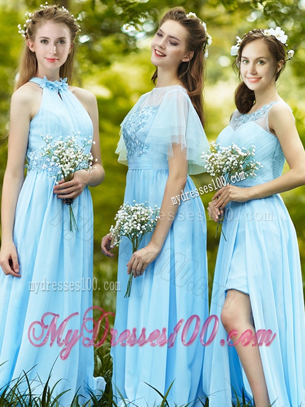 Discount Halter Top Light Blue Bridesmaid Dress with Appliques