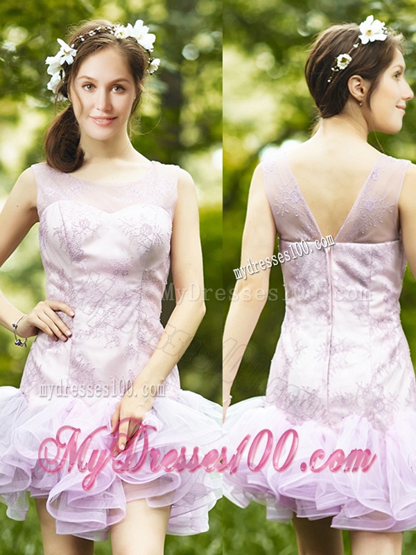 Fashionable Laced and Ruffled Short Bridesmaid Dress in Lavender