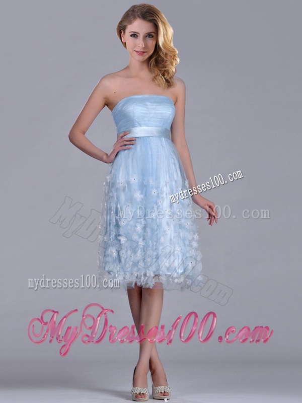 Gorgeous Empire Tea Length Applique Tulle Bridesmaid Dress in Light Blue