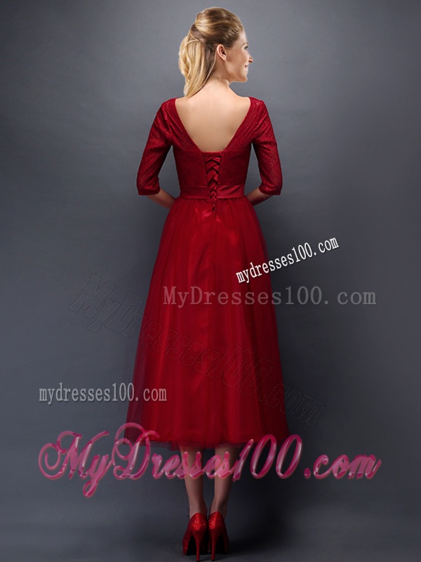 Gorgeous Scoop Half Sleeves Bowknot Bridesmaid Dress in Wine Red