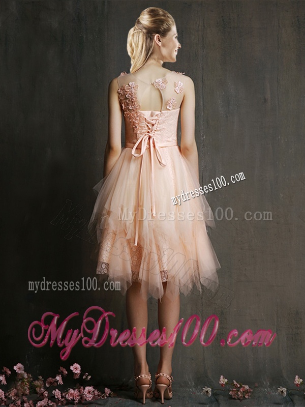 Gorgeous Scoop High Low Bridesmaid Dress with Appliques and Belt