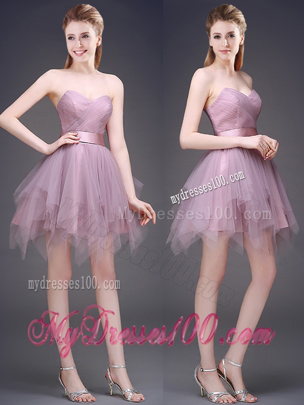 Hot Sale Lavender Short Bridesmaid Dress with Ruffles and Belt