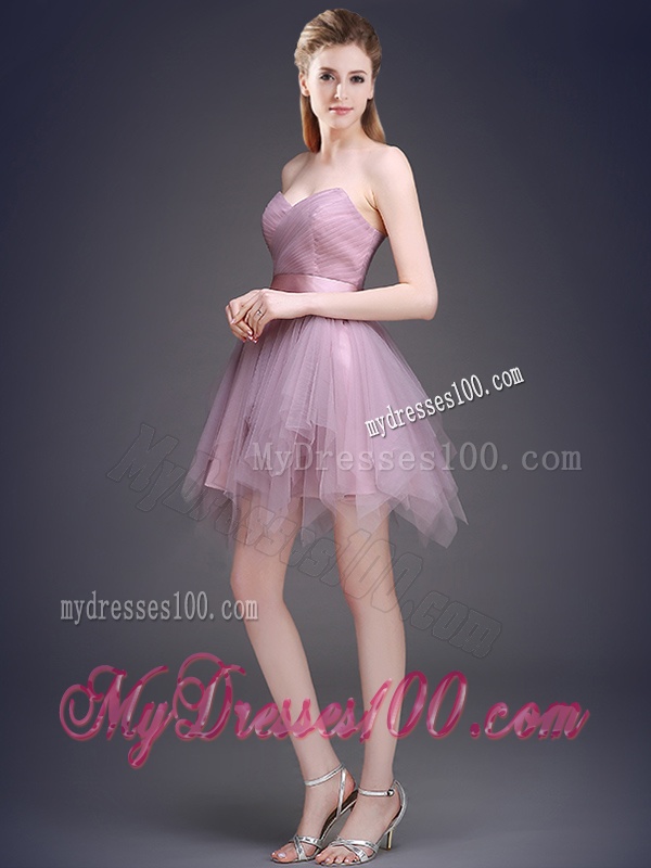 Hot Sale Lavender Short Bridesmaid Dress with Ruffles and Belt