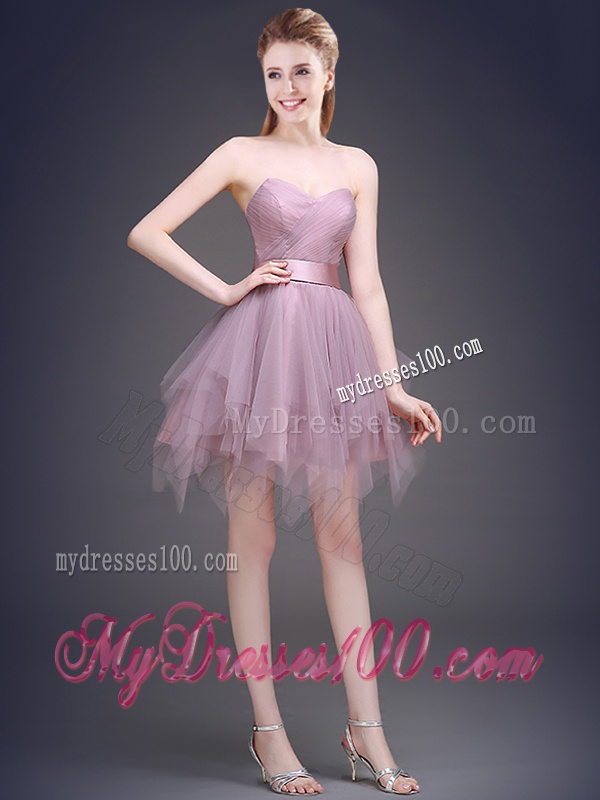 Hot Sale Lavender Short Bridesmaid Dress with Ruffles and Belt