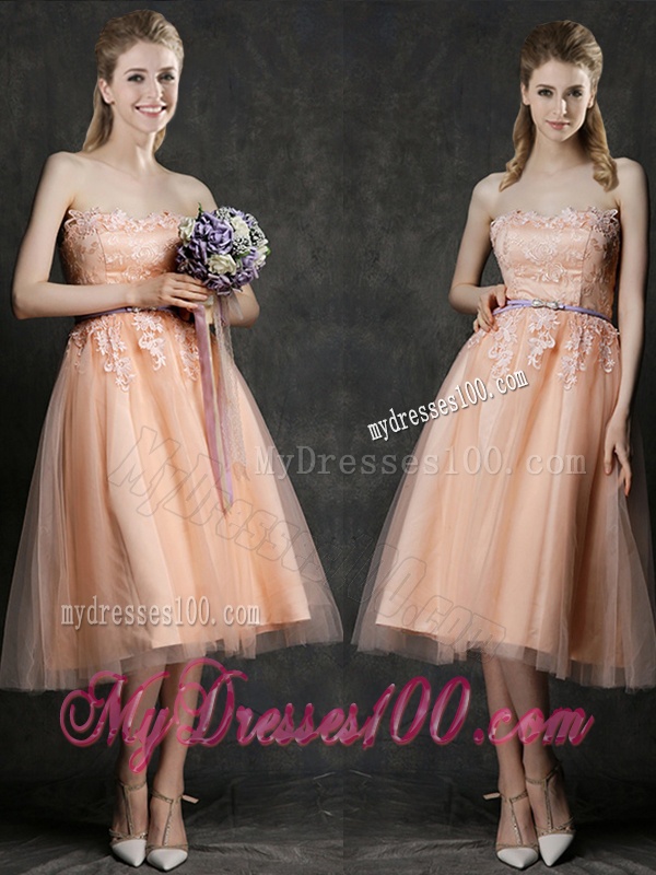 Hot Sale Strapless Peach Bridesmaid Dress with Sashes and Lace