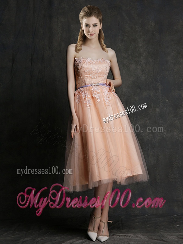 Hot Sale Strapless Peach Bridesmaid Dress with Sashes and Lace