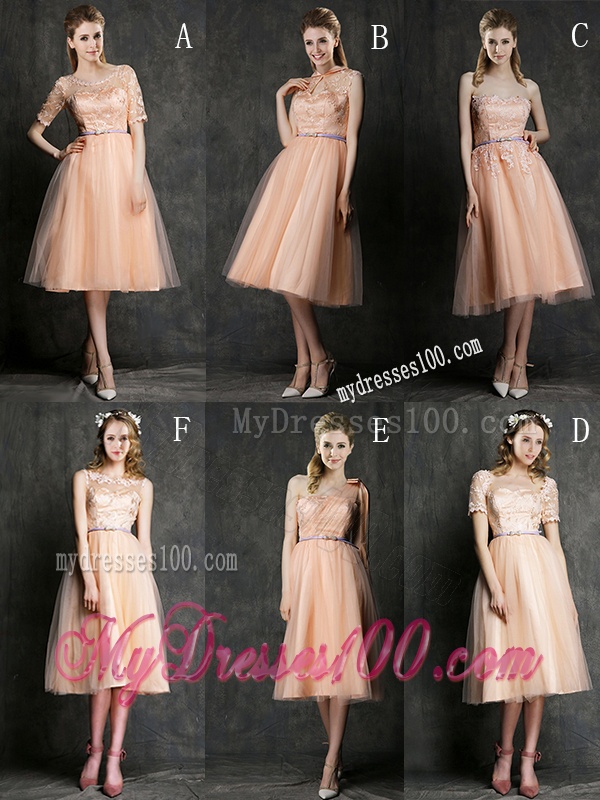 Hot Sale Strapless Peach Bridesmaid Dress with Sashes and Lace