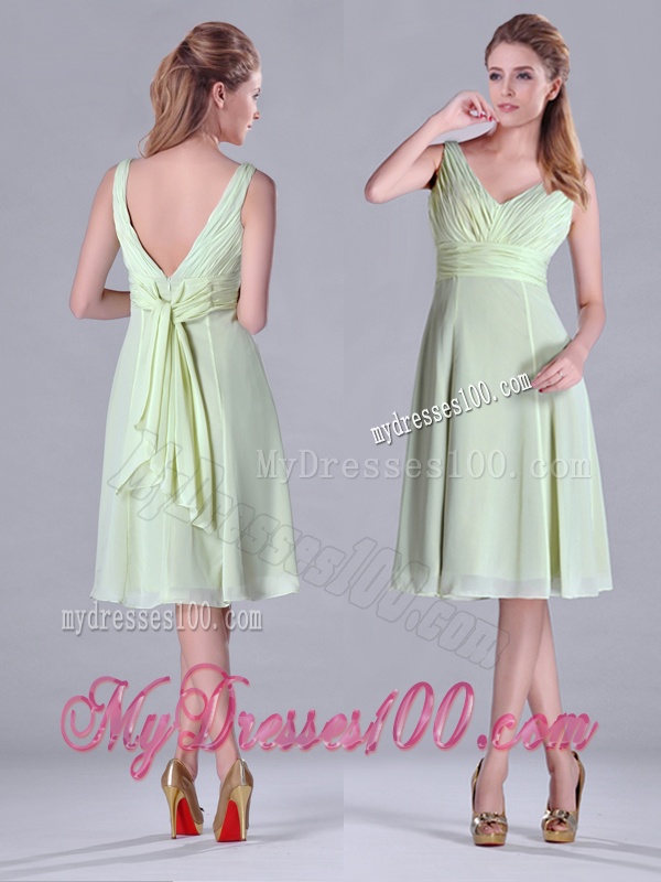 Lovely Tea Length Ruched and Belted Bridesmaid Dress in Yellow Green