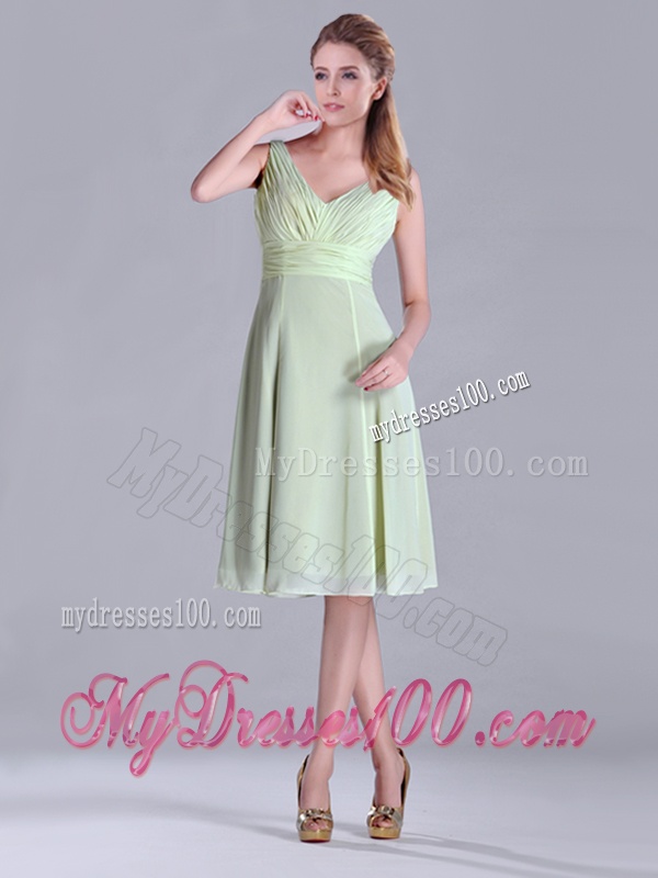 Lovely Tea Length Ruched and Belted Bridesmaid Dress in Yellow Green