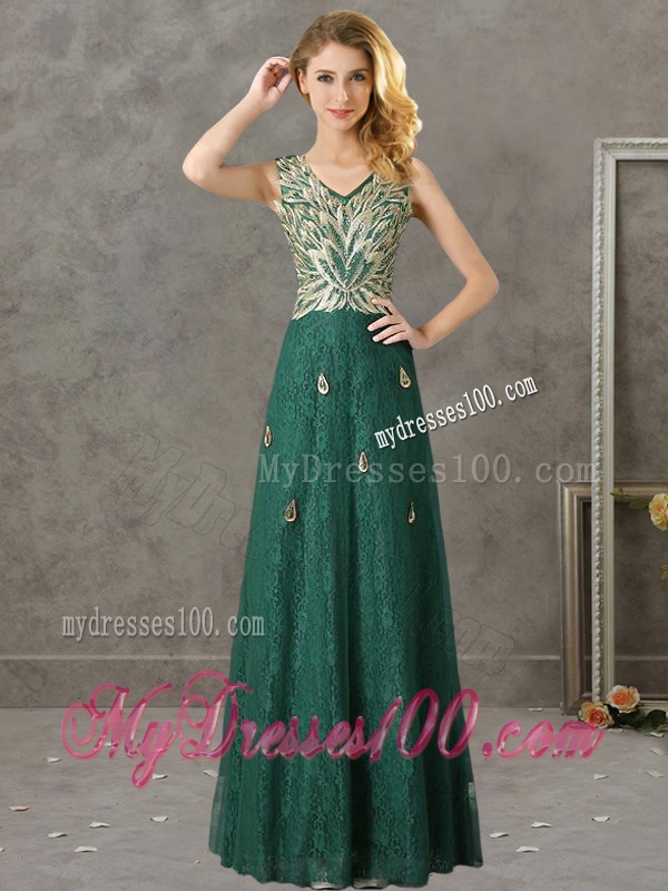 Luxurious V Neck Dark Green Bridesmaid Dress with Appliques and Beading