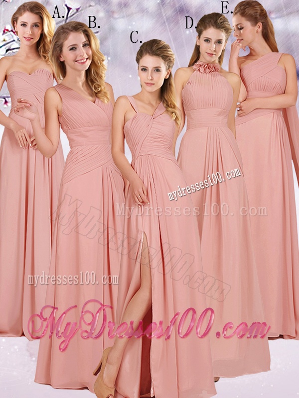 Modern Straps Peach Bridesmaid Dress with Ruching and High Slit