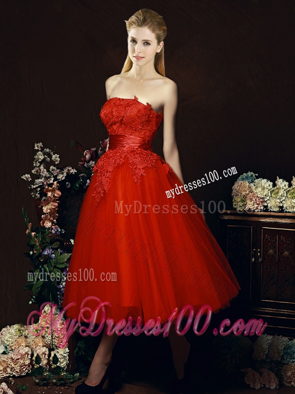 Perfect Puffy Skirt Strapless Applique Tea Length Red Bridesmaid Dress