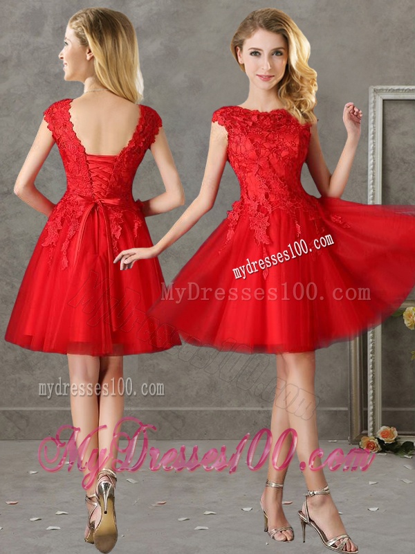 Romantic Bateau Cap Sleeves Short Bridesmaid Dress with Lace