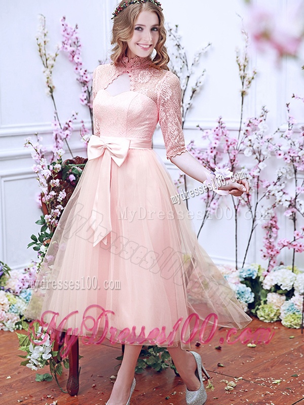 See Through High Neck Half Sleeves Bridesmaid Dress with Bowknot