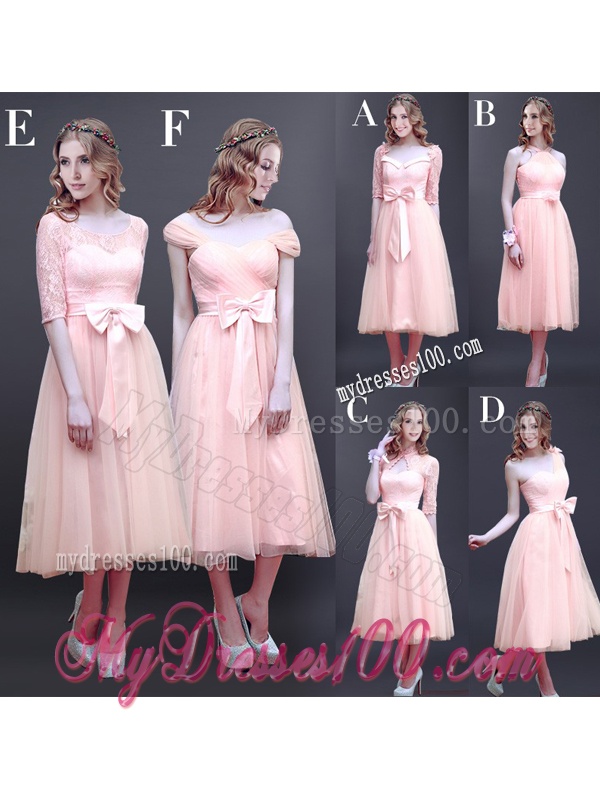 See Through High Neck Half Sleeves Bridesmaid Dress with Bowknot