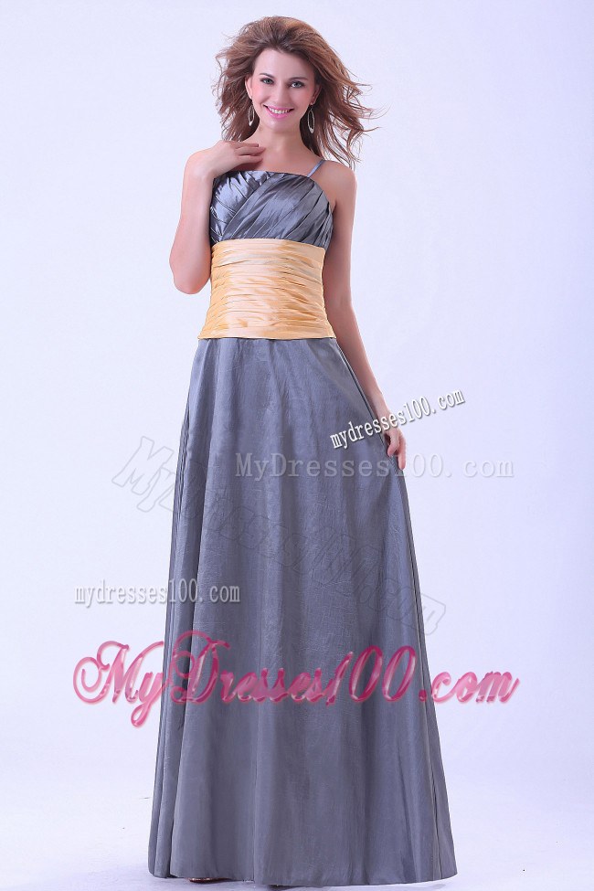 Sash Empire Dark Grey Bridemaids Dress With Ruching Spaghetti Straps