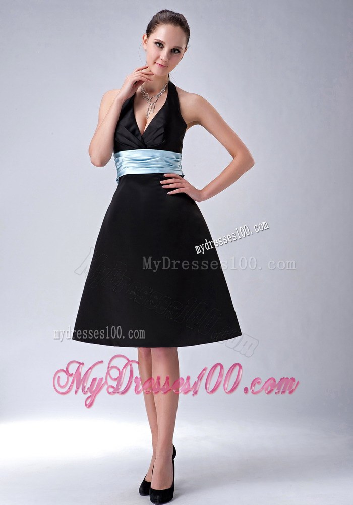 Custom Made Black A-line Halter Bridesmaid Dress with Blue Belt